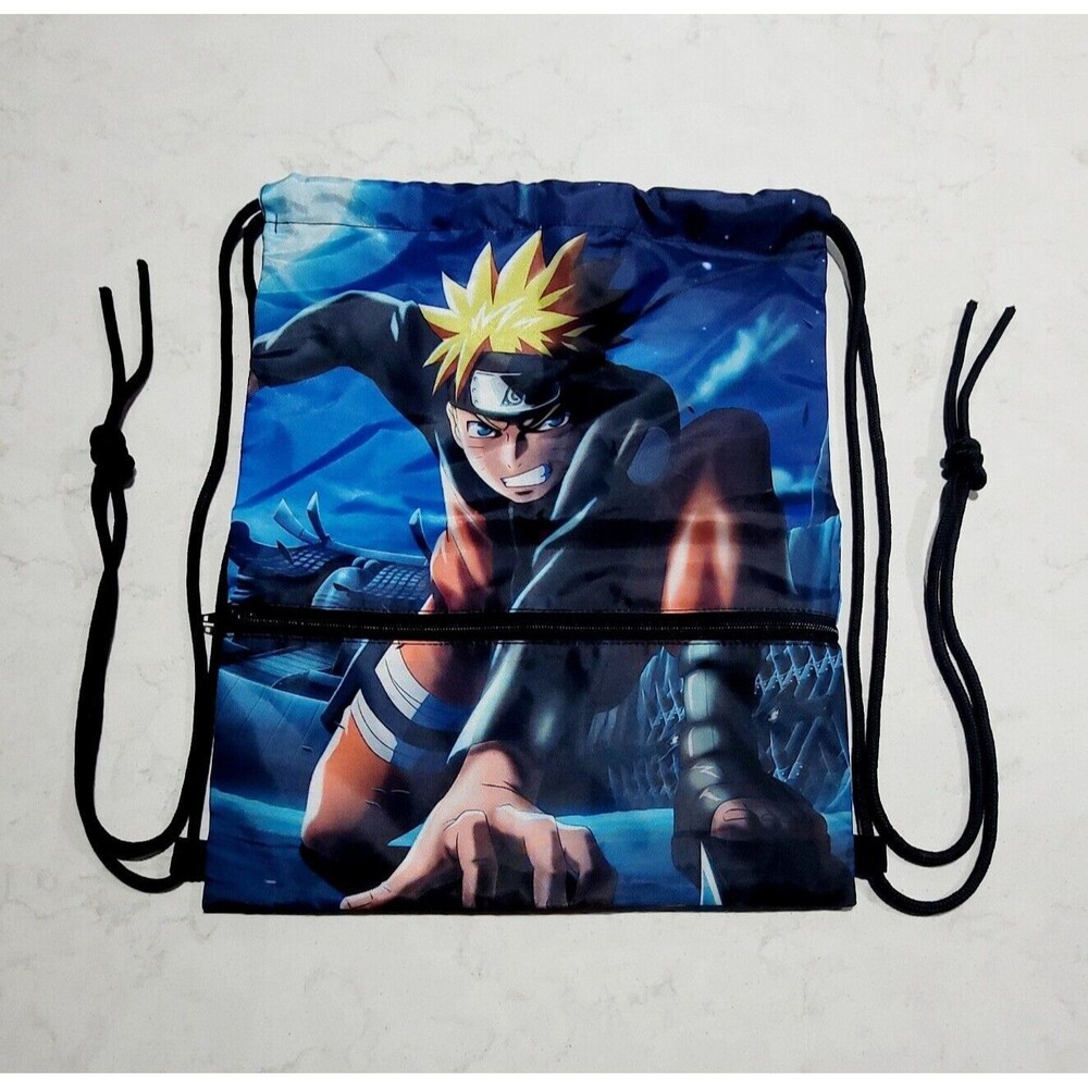 Naruto Drawstring Book Bag Tote With Zipper Pocket Anime Boruto Japan NWOT